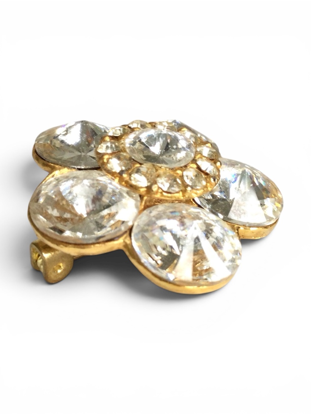 Vintage 1950s Clear Rivoli Floral Brooch - Gold‑Tone - Rare Find - Picture 9 of 12